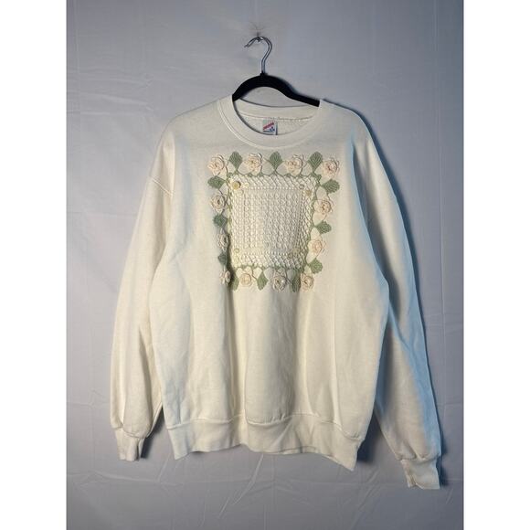 Vintage Jerzees Crochet Applique Grandma Core White Crew Neck Sweater Women's XL - Picture 1 of 3